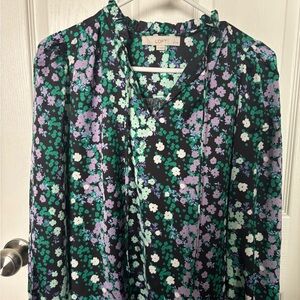 LOFT Black Long-Sleeve Floral Split-Neck Blouse with Purple & Green Flowers